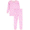 A two-piece children's pajama set, featuring a long-sleeve top and matching pants in light pink with a repeating pattern of purple and darker pink cupcakes and hearts, set against a plain white background.