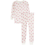 A two-piece children's pajama set featuring a long-sleeve top and matching pants in an off-white fabric with an all-over pink ballerina print, set against a plain white background.