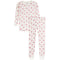 A two-piece children's pajama set featuring a long-sleeve top and matching pants in an off-white fabric with an all-over pink ballerina print, set against a plain white background.