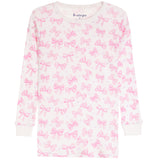 A long-sleeve children's top by baby steps, featuring an all-over pink bow pattern on a white background.