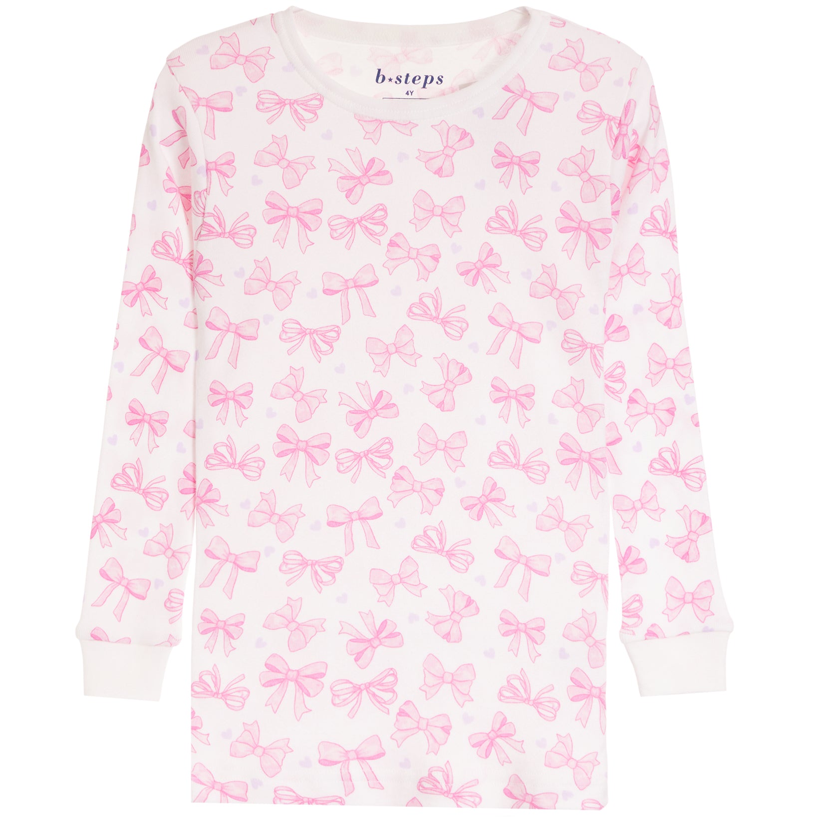 A long-sleeve children's top by baby steps, featuring an all-over pink bow pattern on a white background.