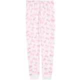 White jogger-style pants with an all-over pink bow pattern and ribbed ankle cuffs, shown flat against a white background.