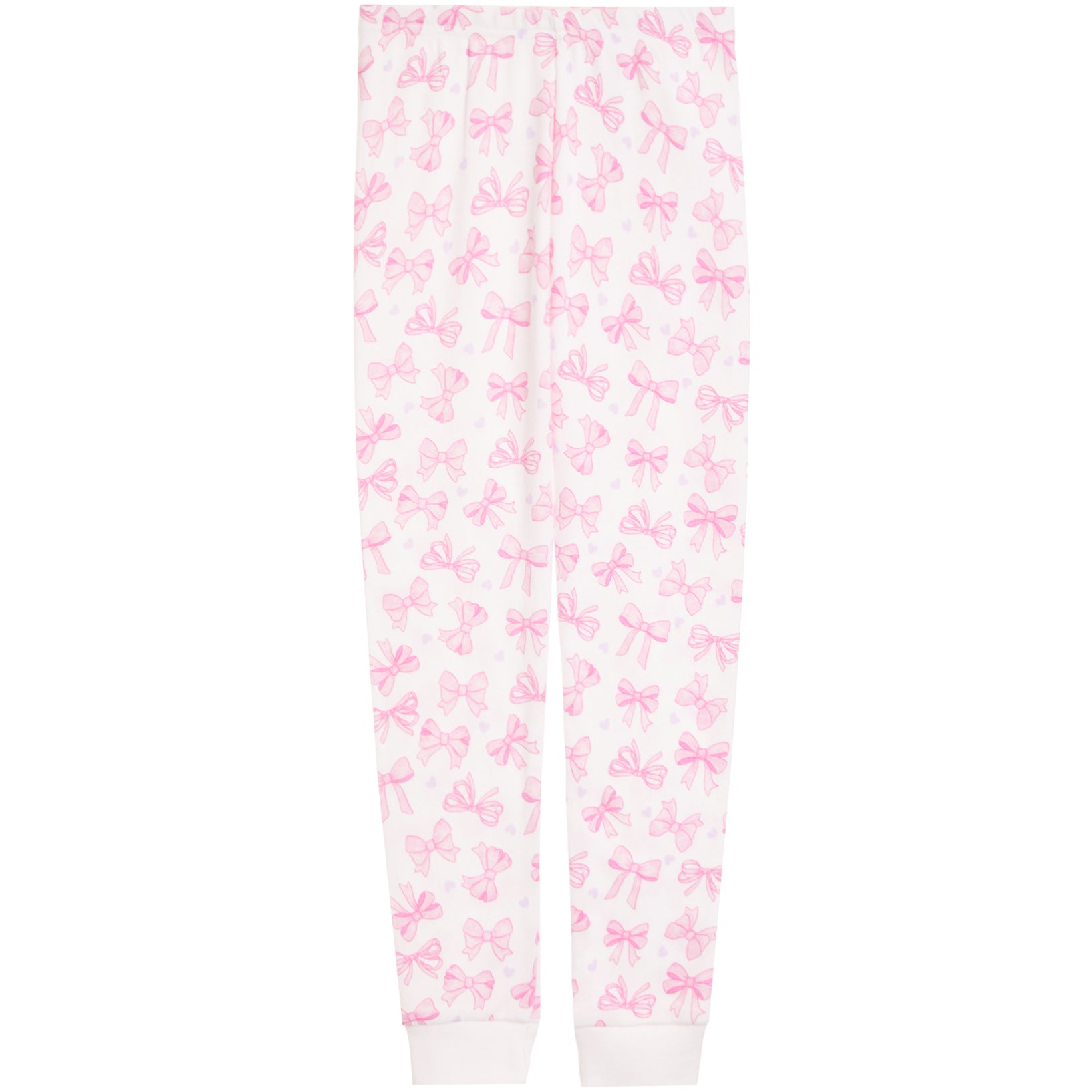 White jogger-style pants with an all-over pink bow pattern and ribbed ankle cuffs, shown flat against a white background.