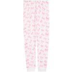 White jogger-style pants with an all-over pink bow pattern and ribbed ankle cuffs, shown flat against a white background.