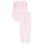 A two-piece long-sleeve pajama set featuring a white base with an all-over pink bow pattern, shown flat on a white background.