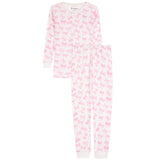 A two-piece long-sleeve pajama set featuring a white base with an all-over pink bow pattern, shown flat on a white background.