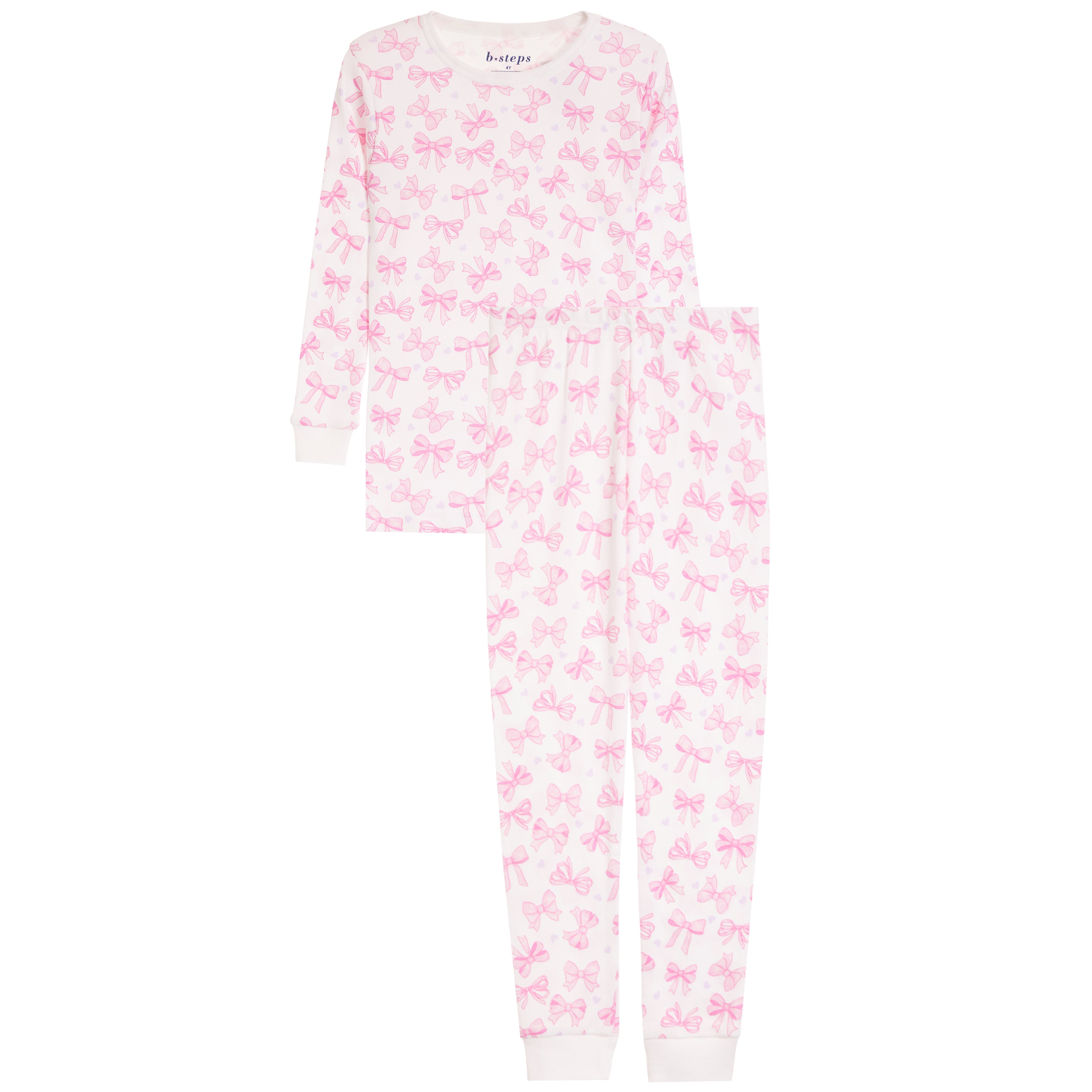 A two-piece long-sleeve pajama set featuring a white base with an all-over pink bow pattern, shown flat on a white background.
