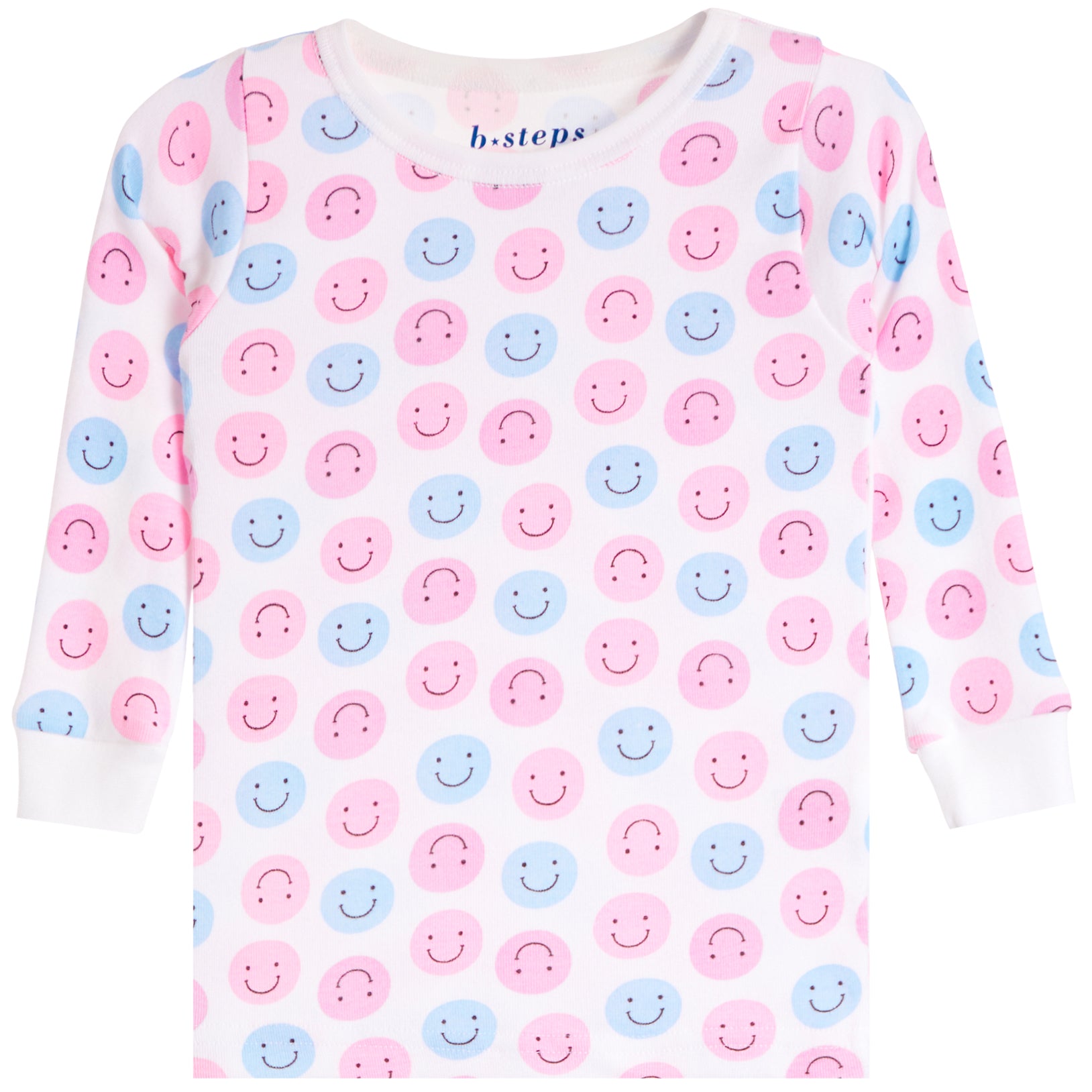 A white long-sleeve baby top with an all-over pattern of pink and light blue smiley faces, featuring a crew neck and ribbed cuffs.