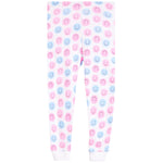 White jogger-style pants with an allover pattern of pink and blue smiley faces, featuring white ribbed cuffs at the bottom.