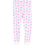White jogger-style pants with an allover pattern of pink and blue smiley faces, featuring white ribbed cuffs at the bottom.