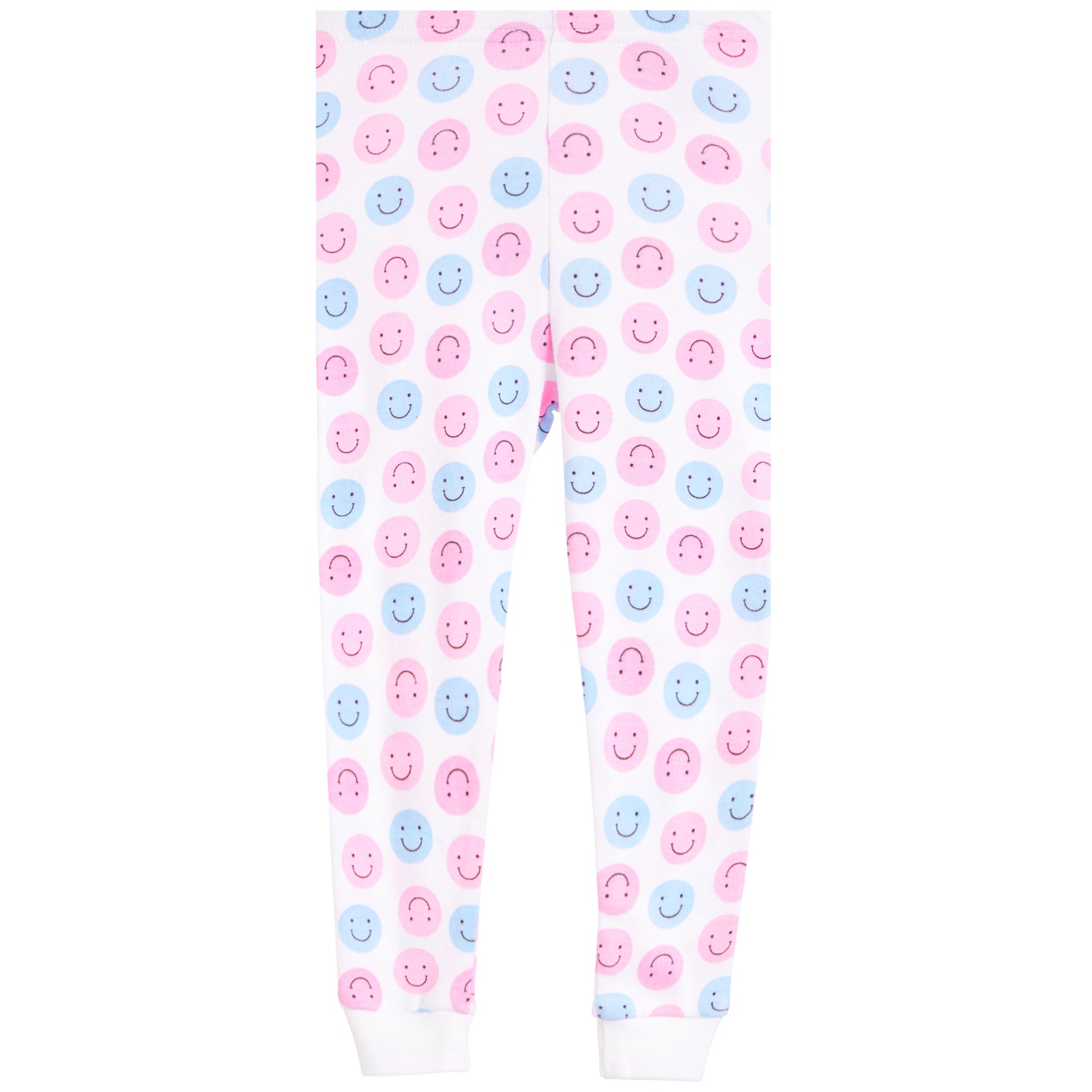 White jogger-style pants with an allover pattern of pink and blue smiley faces, featuring white ribbed cuffs at the bottom.