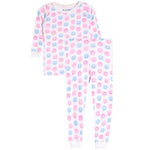 A two-piece children's pajama set with a long-sleeve top and matching pants, featuring an all-over pink and blue smiley face pattern on a white background. 