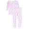 A two-piece children's pajama set with a long-sleeve top and matching pants, featuring an all-over pink and blue smiley face pattern on a white background. 