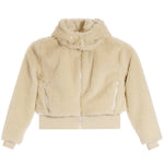 A cropped, long-sleeve sherpa fleece jacket in a light cream or beige color, featuring a high mock neck, front zipper, and zippered side pockets, displayed on a solid white background.