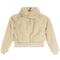 A cropped, long-sleeve sherpa fleece jacket in a light cream or beige color, featuring a high mock neck, front zipper, and zippered side pockets, displayed on a solid white background.