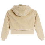 A cropped teddy fleece hooded jacket in a light beige color, shown from the back on a white background.