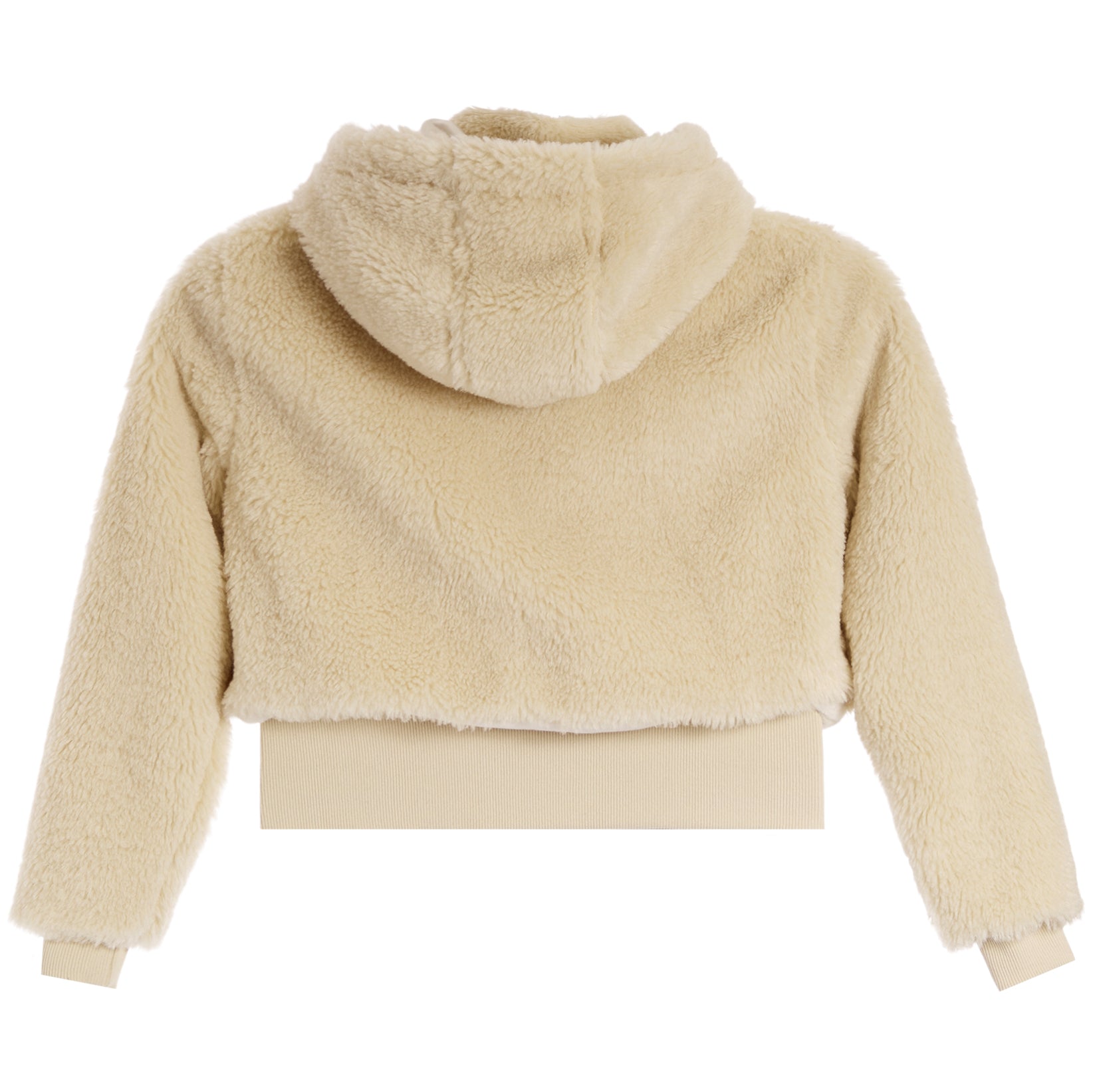 A cropped teddy fleece hooded jacket in a light beige color, shown from the back on a white background.