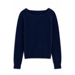 A navy blue knit sweater with a wide boat neckline, long sleeves, and ribbed cuffs and hem, shown against a plain white background.