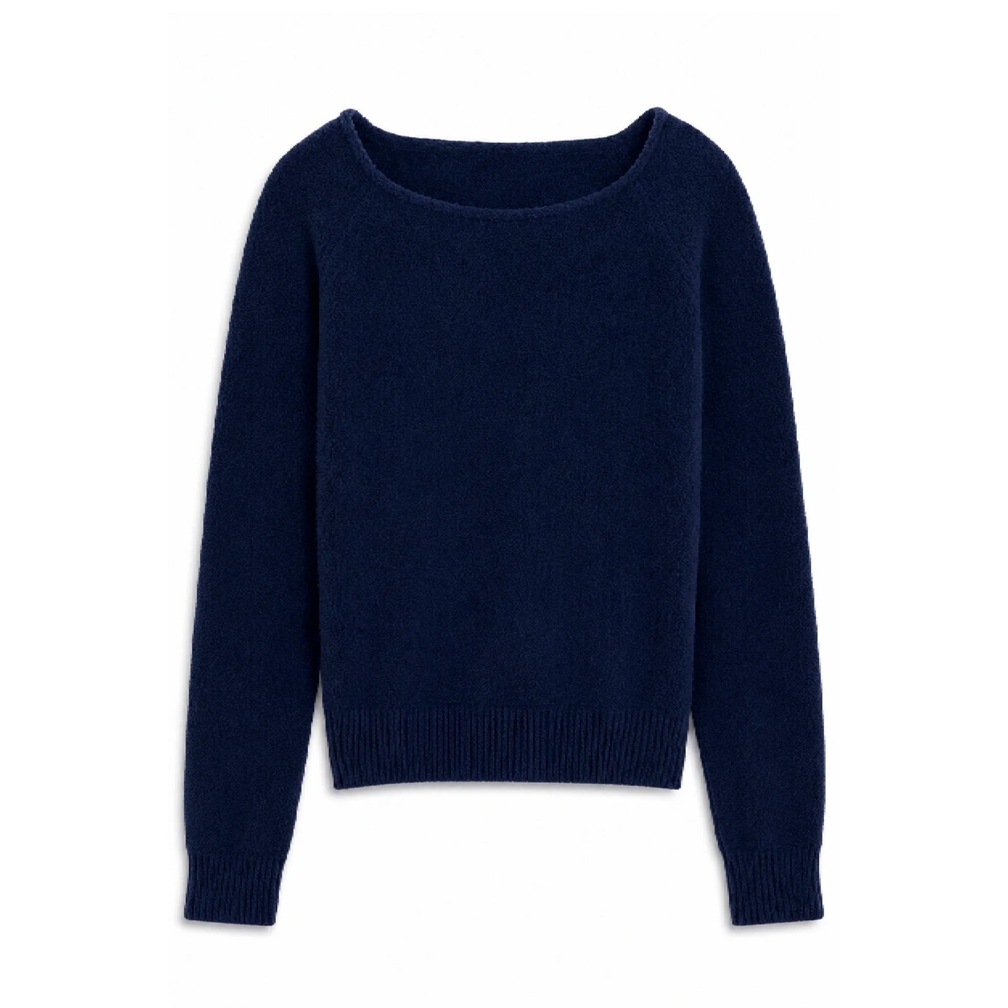 A navy blue knit sweater with a wide boat neckline, long sleeves, and ribbed cuffs and hem, shown against a plain white background.