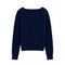 A navy blue knit sweater with a wide boat neckline, long sleeves, and ribbed cuffs and hem, shown against a plain white background.