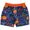 A pair of navy blue basketball shorts with a vibrant multicolor graphic print featuring basketballs, hoops, and motivational text like 'Be Legendary' and 'Hustle'. The shorts have an orange elastic waistband and white drawstrings.