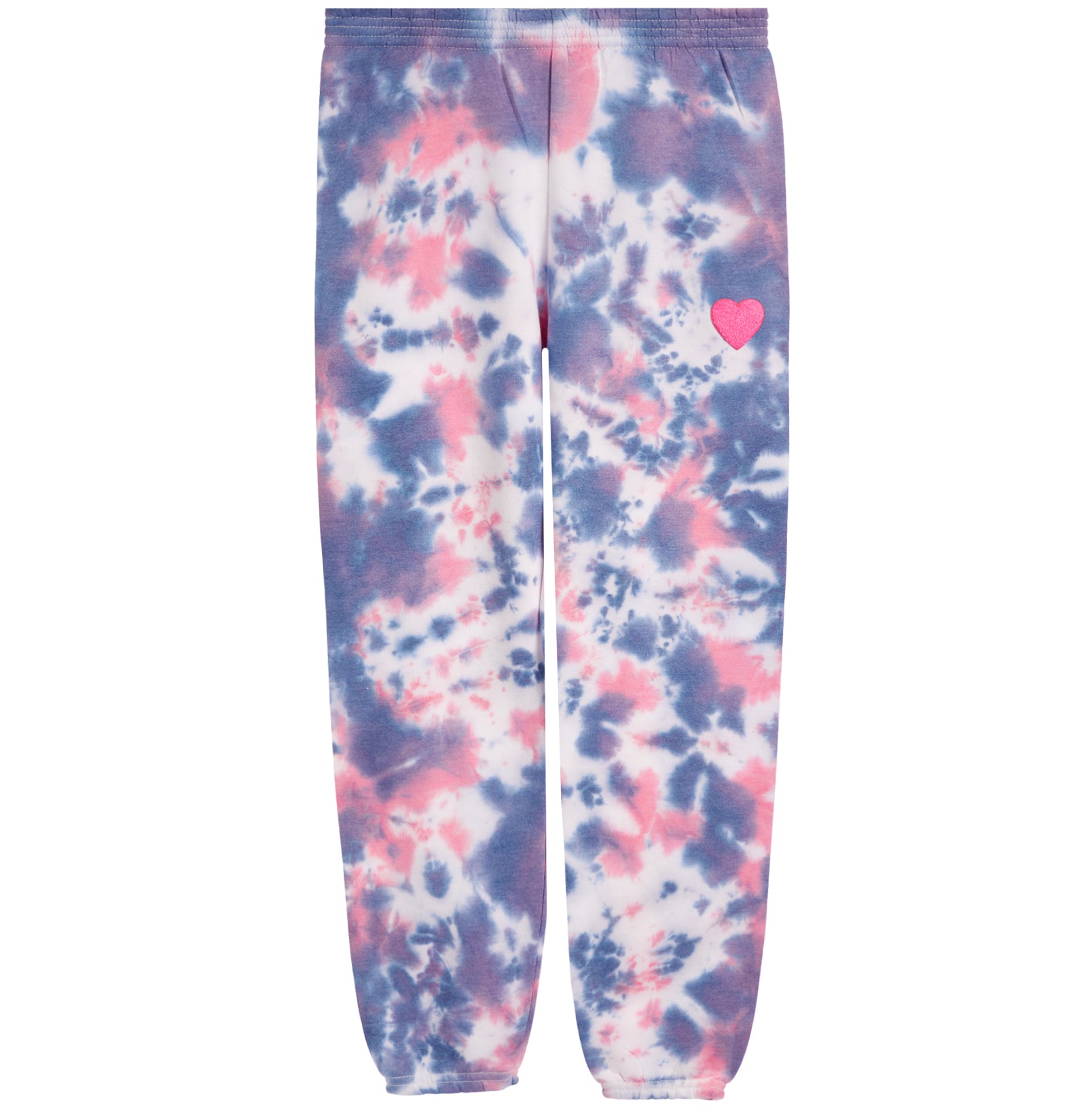 Tie-dye sweatpants in a pink, purple, and white pattern with a small pink heart on the left thigh, shown flat against a white background.