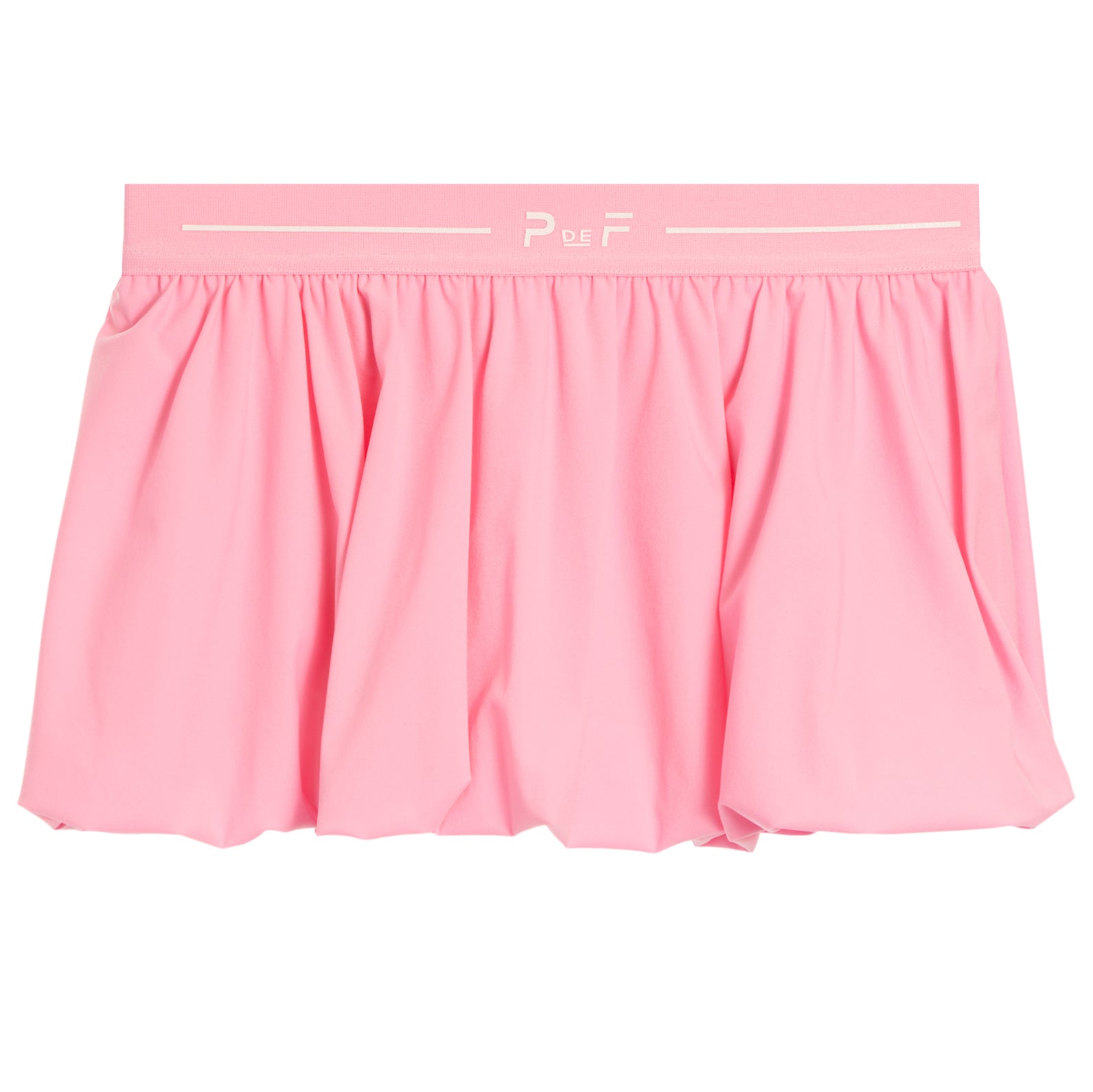 Pink bubble skirt with 'P de F' written on the waistband on a white background 