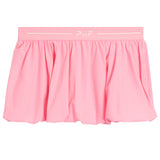 Pink bubble skirt with 'P de F' written on the waistband on a white background 