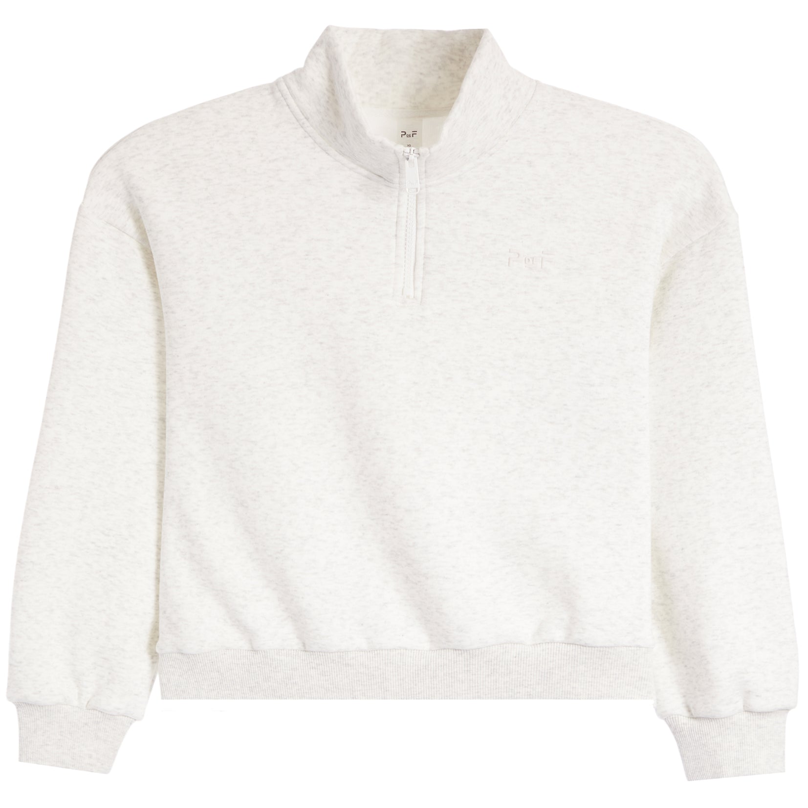 A light heather gray quarter-zip sweatshirt with a mock neck collar, ribbed cuffs, and a ribbed hem, shown flat on a white background.
