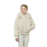 A young girl wearing a cream-colored sherpa fleece hooded jacket and matching cream pants, standing against a solid white background.