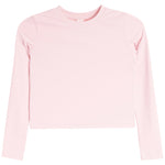 A light pink long-sleeve crop top with a crew neck, shown flat against a solid white background.