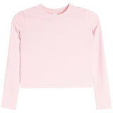 A light pink long-sleeve crop top with a crew neck, shown flat against a solid white background.