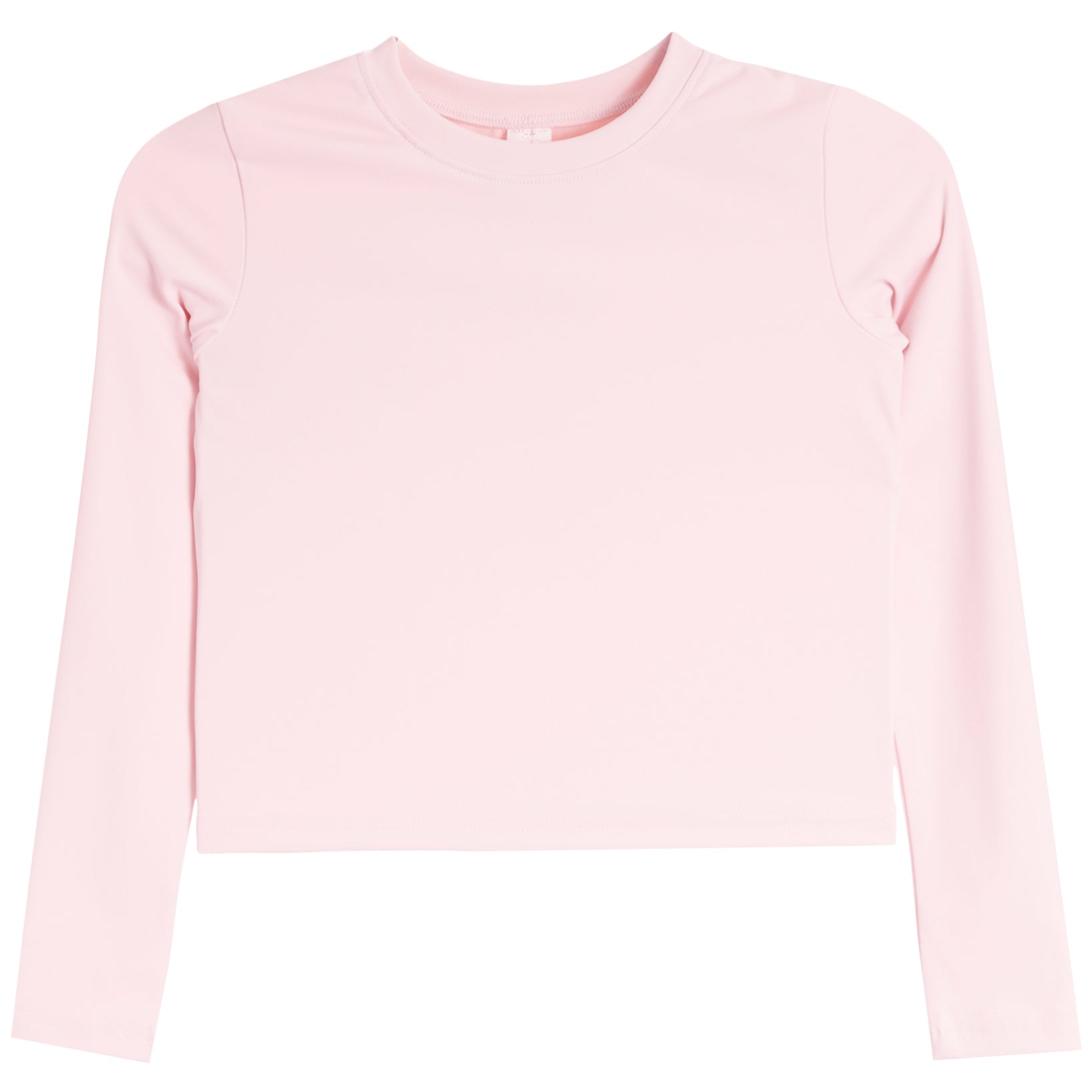 A light pink long-sleeve crop top with a crew neck, shown flat against a solid white background.