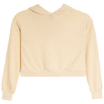 A cream cropped long-sleeve hoodie with a vertical ribbed texture, shown from the back on a plain white background.
