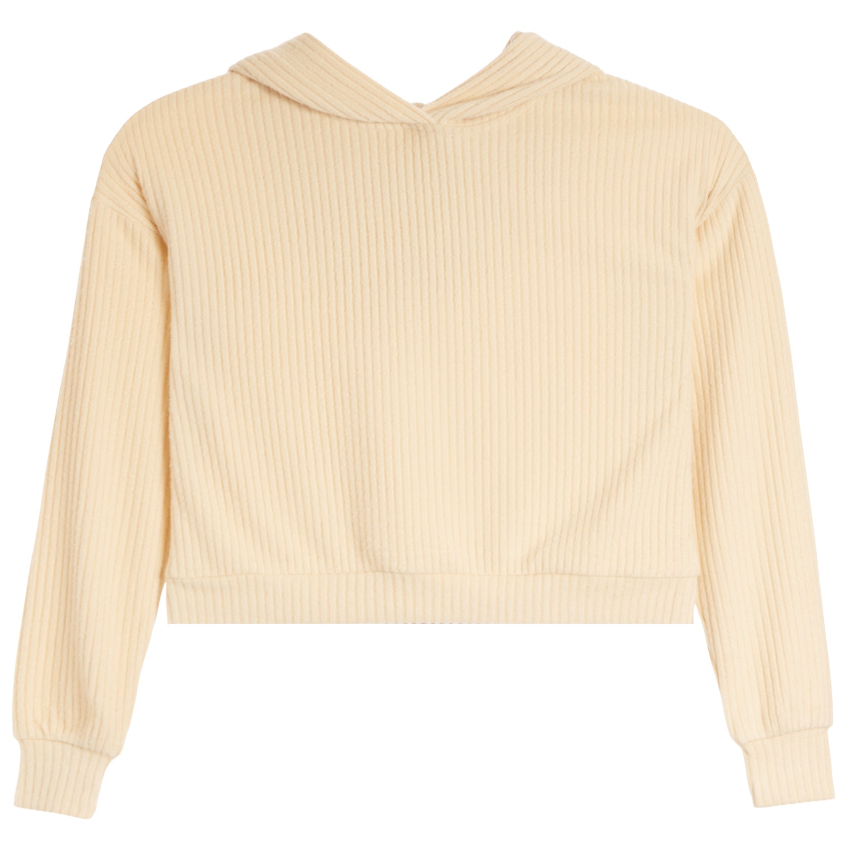 A cream cropped long-sleeve hoodie with a vertical ribbed texture, shown from the back on a plain white background.