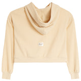 A pale cream ribbed knit cowl neck cropped hoodie with long sleeves and a small white brand patch on the chest, shown against a plain white background.
