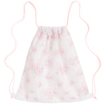 White drawstring bag with pink floral pattern on a white background