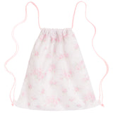 White drawstring bag with pink floral pattern on a white background