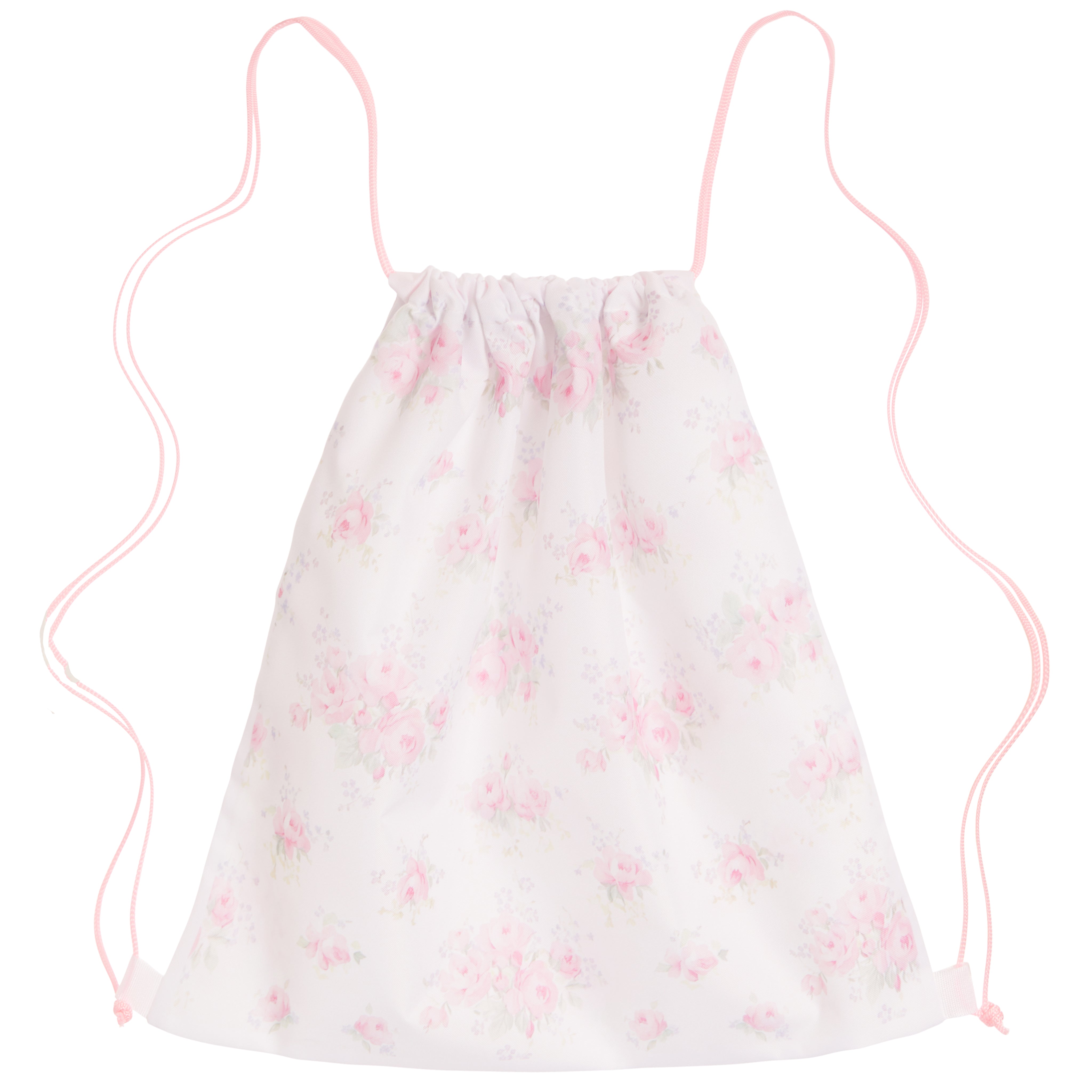White drawstring bag with pink floral pattern on a white background