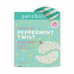 Patchology Peppermint Twist cooling and hydrating no-slip eye patches in a mint green and light green box with a striped ribbon, featuring illustrations of the eye patches.