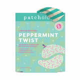 Patchology Peppermint Twist cooling and hydrating no-slip eye patches in a mint green and light green box with a striped ribbon, featuring illustrations of the eye patches.