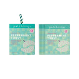 Patchology Peppermint Twist limited edition packaging showing two boxes of single-serve sachets, one standing upright and one fanned out behind it, on a plain white background.