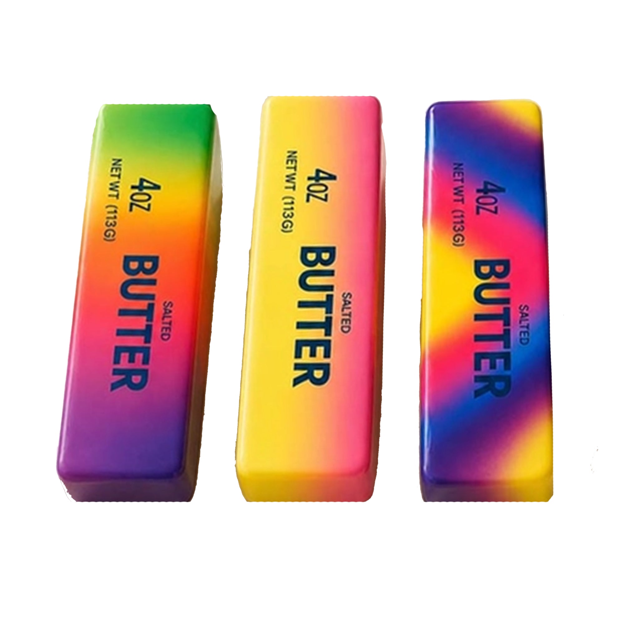 Three colorful bars of Butter squishies with gradient effects on a white background