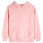 A light pink pullover hoodie with a subtle repeating polka dot pattern, featuring a front kangaroo pocket and ribbed cuffs and hem, shown against a plain white background.