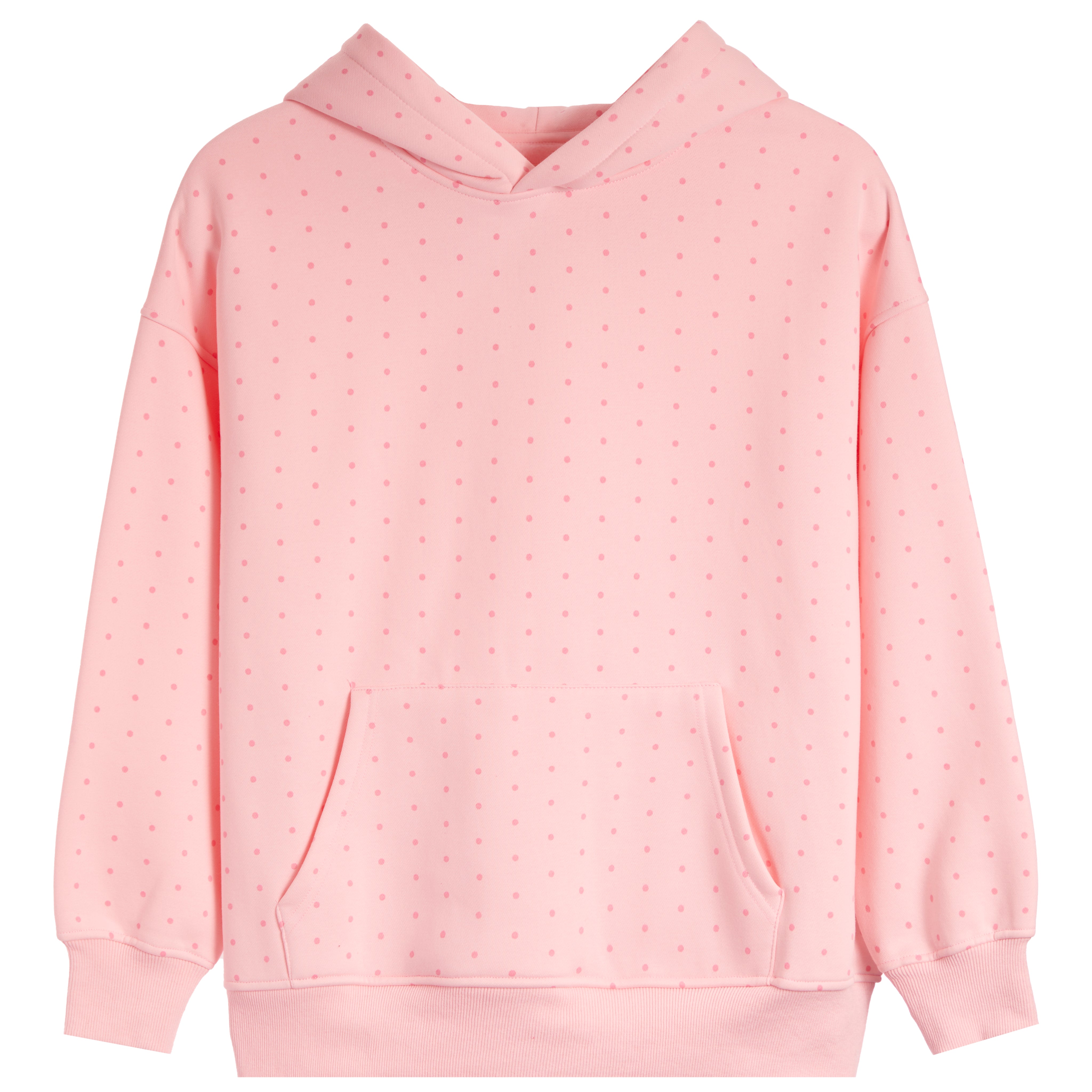 A light pink pullover hoodie with a subtle repeating polka dot pattern, featuring a front kangaroo pocket and ribbed cuffs and hem, shown against a plain white background.