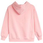A light pink hooded sweatshirt with a subtle all-over polka dot pattern, shown from the back on a solid white background.