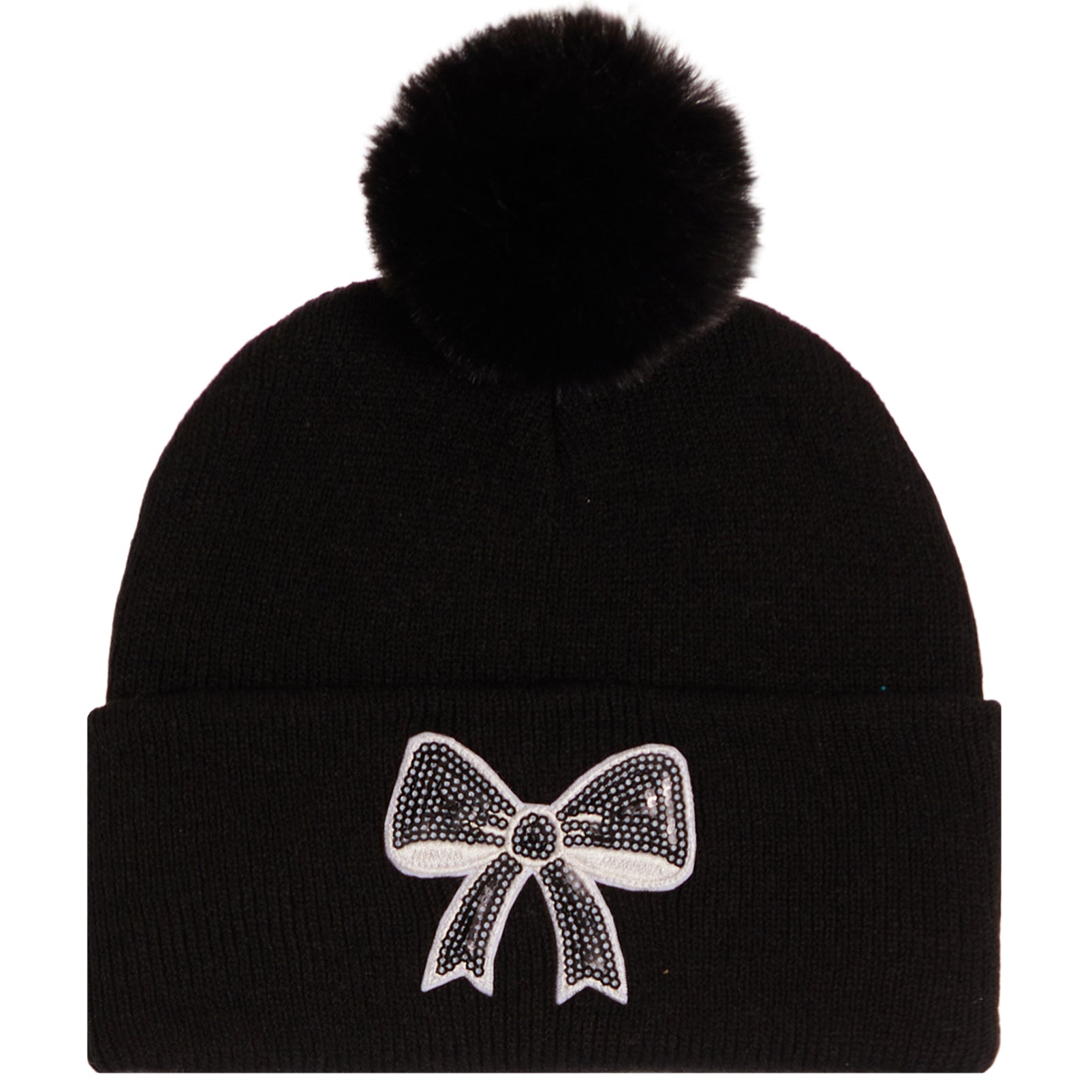 A black knit pom-pom beanie featuring a white sequined bow embellishment on the front cuff, set against a plain white background.