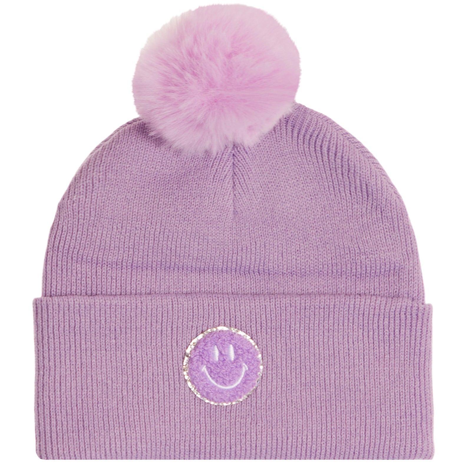 A light purple ribbed knit beanie with a fluffy matching pom-pom on top and a circular embroidered smiley face patch on the front cuff.
