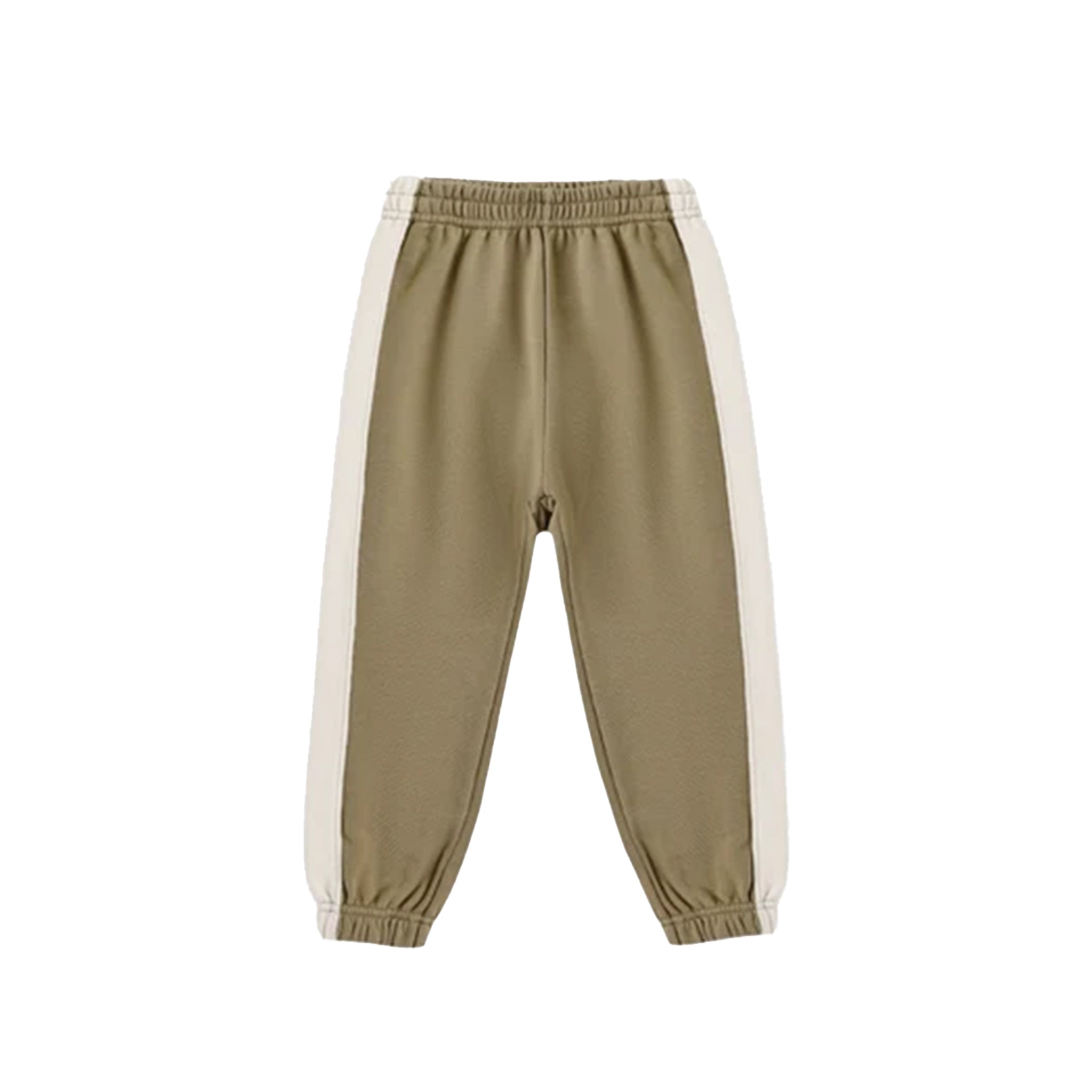 A pair of children's jogger pants in a muted khaki green, featuring cream-colored side panels and elastic cuffs, shown against a plain white background.