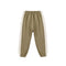 A pair of children's jogger pants in a muted khaki green, featuring cream-colored side panels and elastic cuffs, shown against a plain white background.